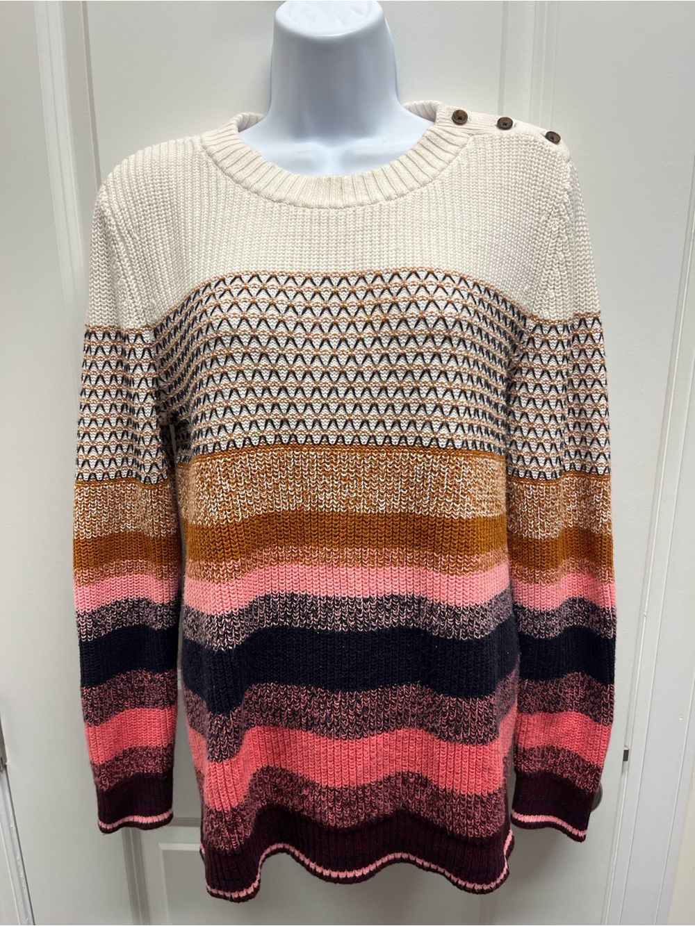 Talbots Petite LP Striped Knit Sweater Elbow Patches Button Trim Merino Wool Cot